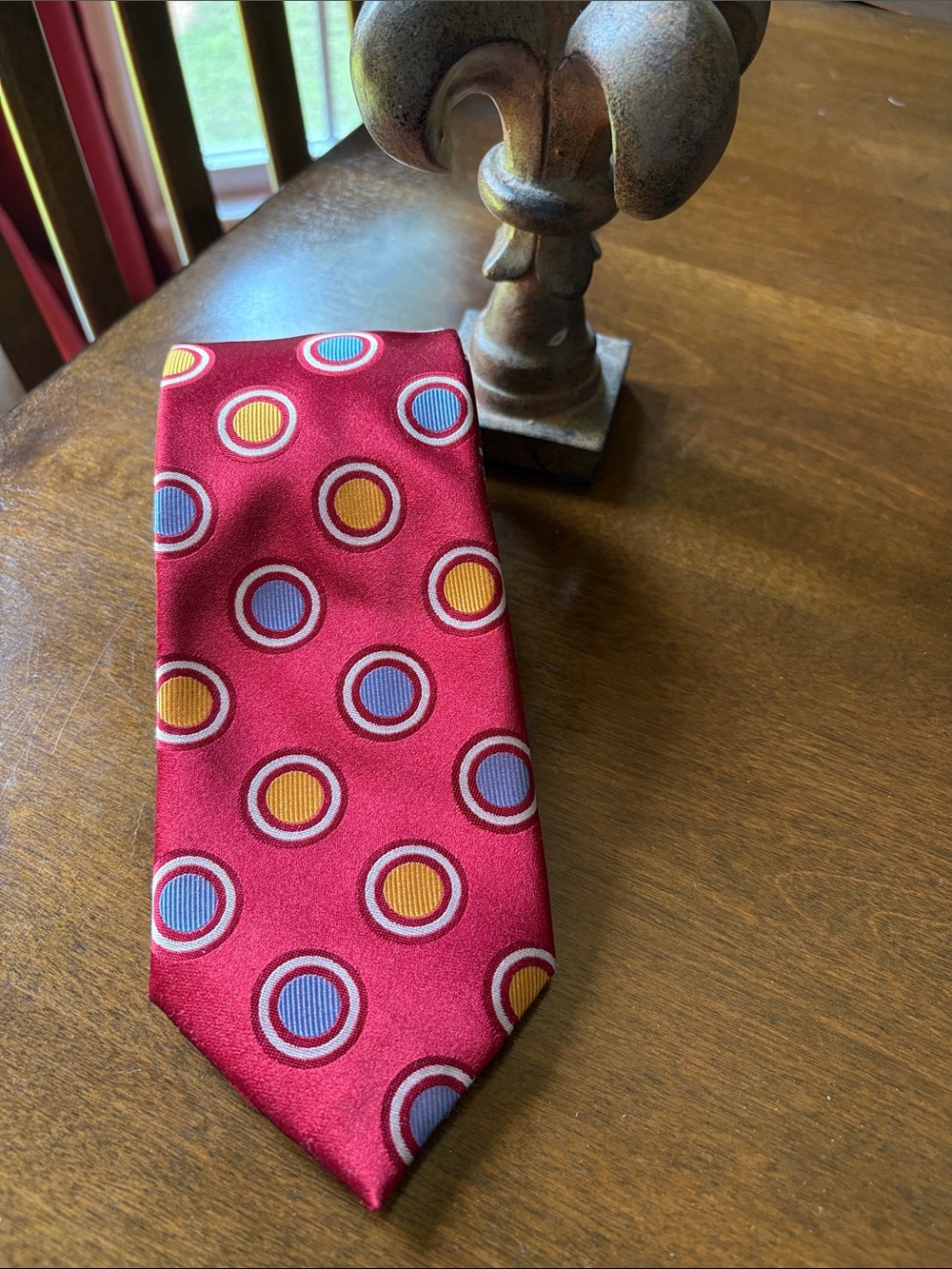 BCBG Attitude Red Silk Tie with Multi-Color Circles